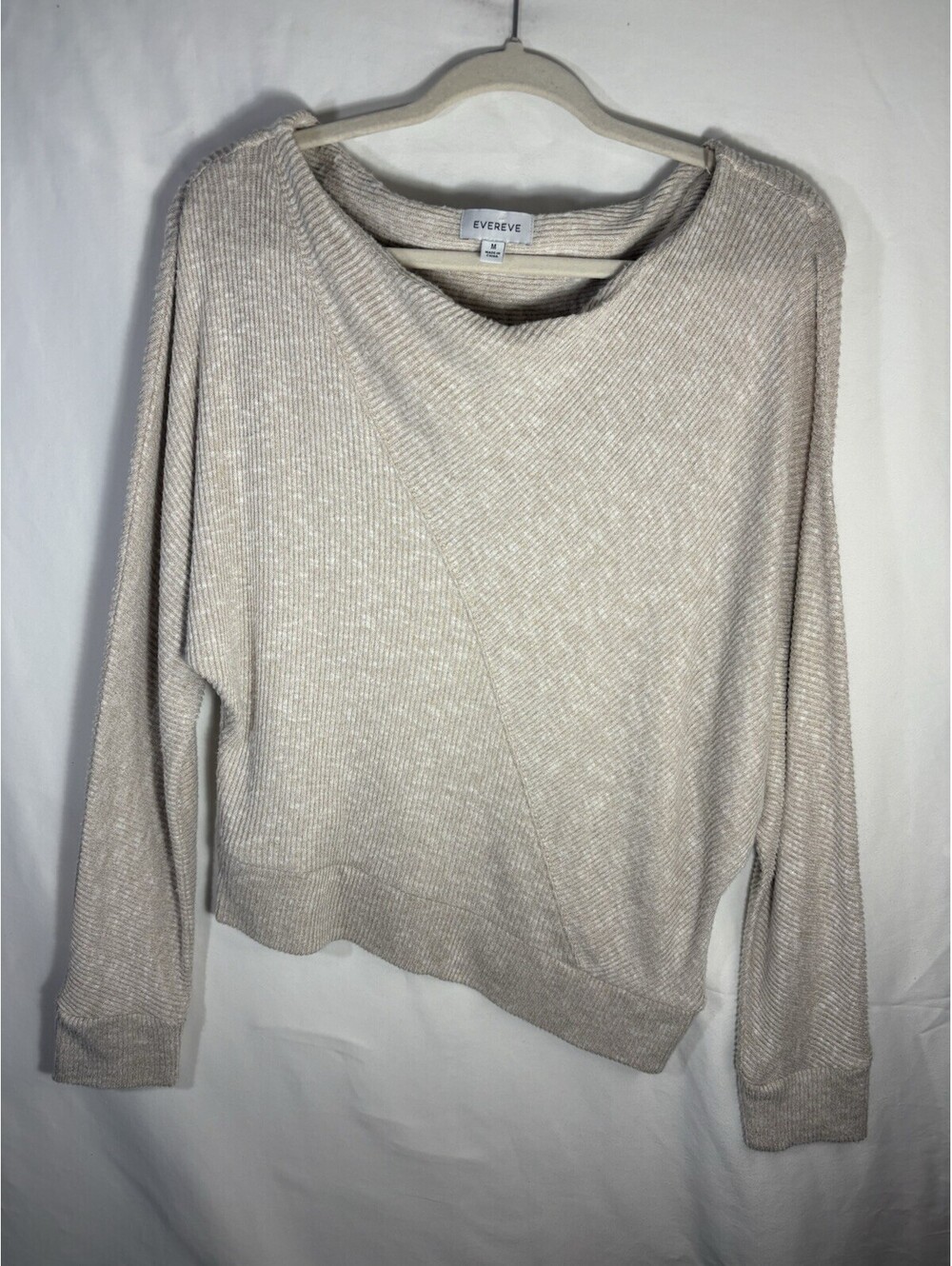 EVEREVE Womens M Beige Ribbed Knit Sweater Asymmetrical Dolman Long Sleeve